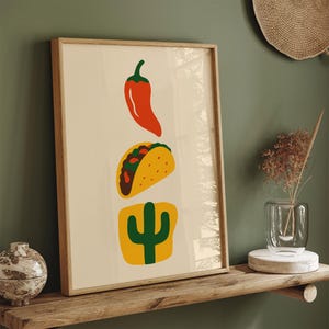 Minimalist Mexican Food Art Print: Taco, Chili, Cactus Kitchen Decor