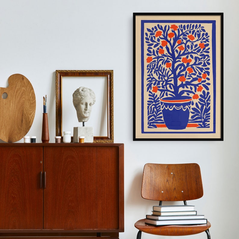 Affiche botanique bleue rétro, art mural vintage, imprimés floraux Indigo Boho, décor de chalet de campagne, imprimé inspiré de Matisse, art abstrait de la nature image 2