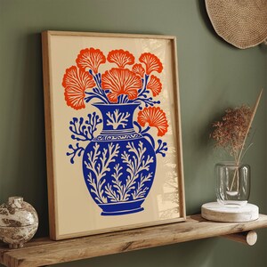 Póster de arrecife de coral llamativo en jarrón, impresión de arte de pared con flores azules, decoración costera tropical, ilustración botánica para decoración del hogar, estilo boho