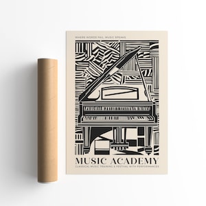 Music Academy Poster, Piano Classical Music Print, Vintage Music Wall Art, California Concert Print, Travel Poster, Black and Beige Jazz Art image 2