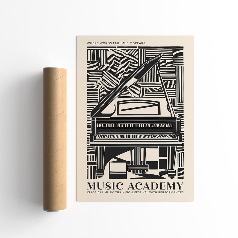 Music Academy Poster, Piano Classical Music Print, Vintage Music Wall Art, California Concert Print, Travel Poster, Black and Beige Jazz Art image 2
