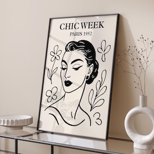 Chic Week Paris 1952 Print, Vintage Fashion Poster, Minimalist Line Art Woman Wall Art,Retro Parisian Style Print, Elegant Home Decor