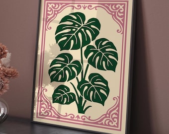 Monstera Plant Print in Rococo Pink Frame: Tropical Jungle Wall Art