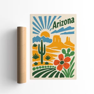 Retro Arizona Desert Travel Poster: Sonoran Cactus Landscape Art Print