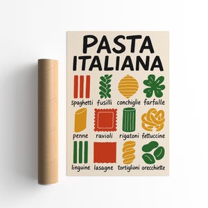 Affiche types de formes de pâtes, art mural de cuisine tableau des pâtes italiennes, impression du guide alimentaire des pâtes italiennes, décoration culinaire pour les amateurs de cuisine italienne