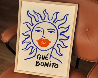 Que Bonito Sun Face Print, Blue Sun Wall Art, Spanish Quote Poster