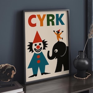 Vintage CYRK Polish Circus Poster, Mid-Century Modern Acrobat Print, Colorful Geometric Design, Retro Wall Decor, Gift for Art Collectors
