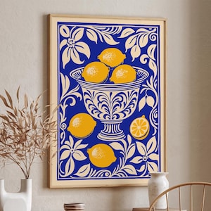 Lemons Wall Art Print, Blue & Yellow Kitchen Poster, Fresh Fruit Illustration, Lemon Art Print, Farmhouse Kitchen Wall Decor
