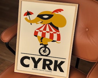 CYRK Polish Circus Vintage Poster, Retro Elephant Wall Art, Eclectic Fun Home Decor Print
