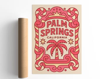 Palm Springs California Retro Poster – Pink Funhouse Style Wall Art Print