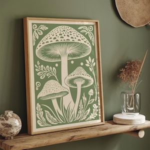 Botanical Mushroom Art Print - Retro Fungi Illustration - Nature Woodland Poster - Cottagecore Home Decor - Green & Beige Forest Wall Art