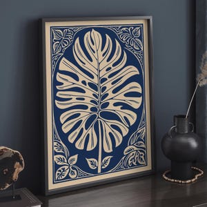 Navy Blue Monstera Leaf Poster, Modern Botanical Wall Art Print, Tropical Plant Illustration, Dark Leaf Decor for Living Room or Bedroom