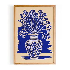 Póster de jarrón botánico azul, impresión de arte de pared minimalista moderno, impresión de naturaleza, regalo para amantes de las plantas, impresión artística de alta calidad, lista para enmarcar