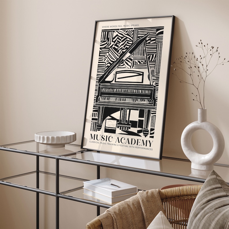 Music Academy Poster, Piano Classical Music Print, Vintage Music Wall Art, California Concert Print, Travel Poster, Black and Beige Jazz Art image 6