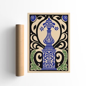 Póster de jarrón floral Art Nouveau vintage: elegante arte de pared botánico azul y verde: impresión de decoración del hogar, impresión artística de botella de perfume oriental