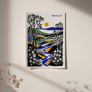 May include: A black and white illustration of a landscape with a winding river, green hills, and a yellow sun. The text "Vermont" is written in black at the top of the image.