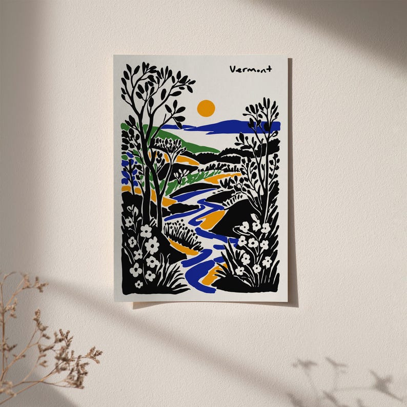 May include: A black and white illustration of a landscape with a winding river, green hills, and a yellow sun. The text "Vermont" is written in black at the top of the image.