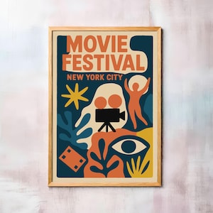 Retro Movie Festival Poster New York City, Colorful Vintage Film Art Print, Mid-Century Modern Wall Art, Cinematic Poster, Café Decoration