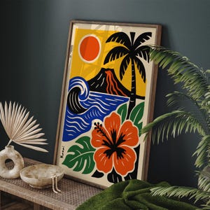 Kauai Hawaii Art Print: Tropical Volcano, Ocean, Palm & Hibiscus