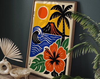 Kauai Hawaii Art Print: Tropical Volcano, Ocean, Palm & Hibiscus