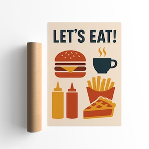 Retro Diner Food Poster - Let&#39;s Eat!, Perfect for Kitchen, Cafe, Restaurant Decor - Nostalgic American Diner Print - Retro Kitchen Artwork