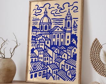 Lisbon Cityscape Art Print: Blue Line, Minimalist Portugal Illustration