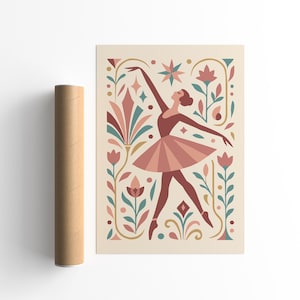 Graceful Ballet Dancer Poster, Art Deco Floral Art Print, Elegant Ballerina Wall Art, Dance Studio Decoration, Nursery Ballet Poster