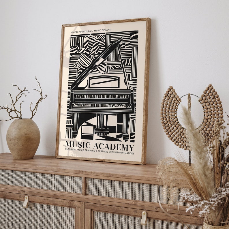 Music Academy Poster, Piano Classical Music Print, Vintage Music Wall Art, California Concert Print, Travel Poster, Black and Beige Jazz Art image 1