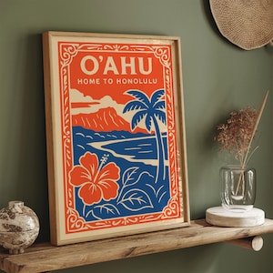 Hawaii Travel Art Print: Vintage Oahu, Honolulu, Hibiscus & Palm Trees
