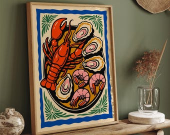 Colorful Retro Seafood Poster, Kitchen Wall Art, Coastal Dining Decor Gift