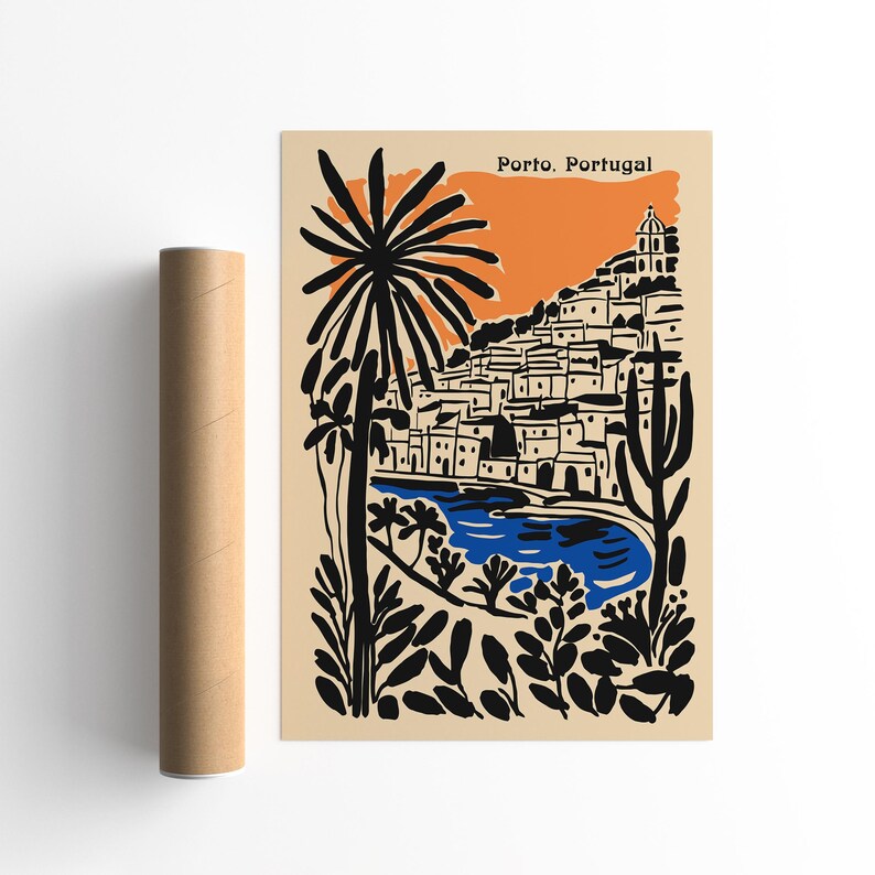 May include: A poster print of Porto, Portugal, featuring a stylized illustration of the city with a palm tree, buildings, and a blue river. The text "Porto. Portugal" is at the top. A brown tube is on the left.