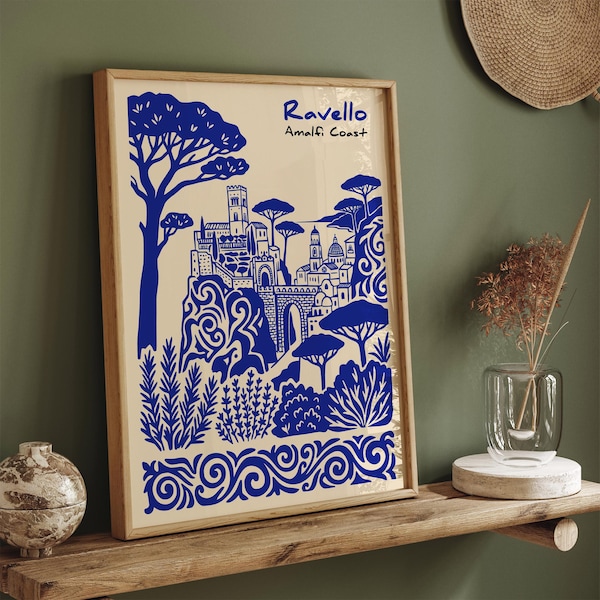 Ravello Amalfi Coast Print, Blue Italy Wall Art, Coastal Village Poster, Italian Garden Decor