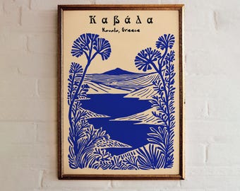 May include: A blue and white illustrated print of a landscape with the text "Καβάλα Kavala, Greece" at the top. The print features a mountain range, a body of water, and trees.