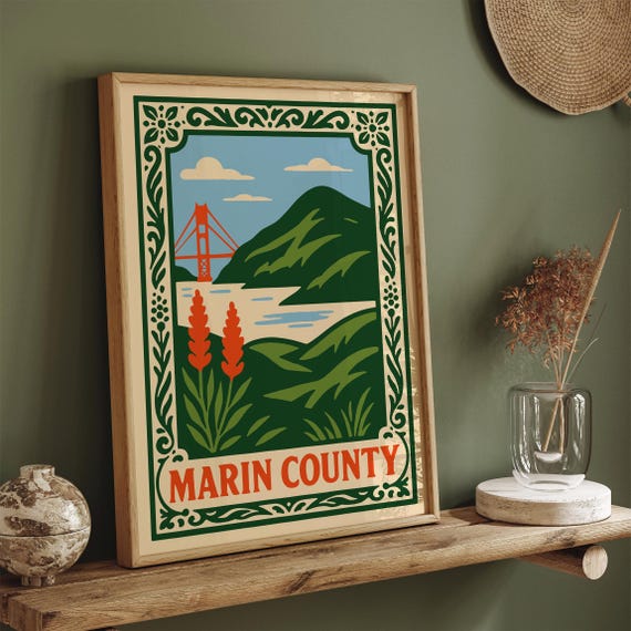 Marin County Travel Poster: Retro California Coast Art Print