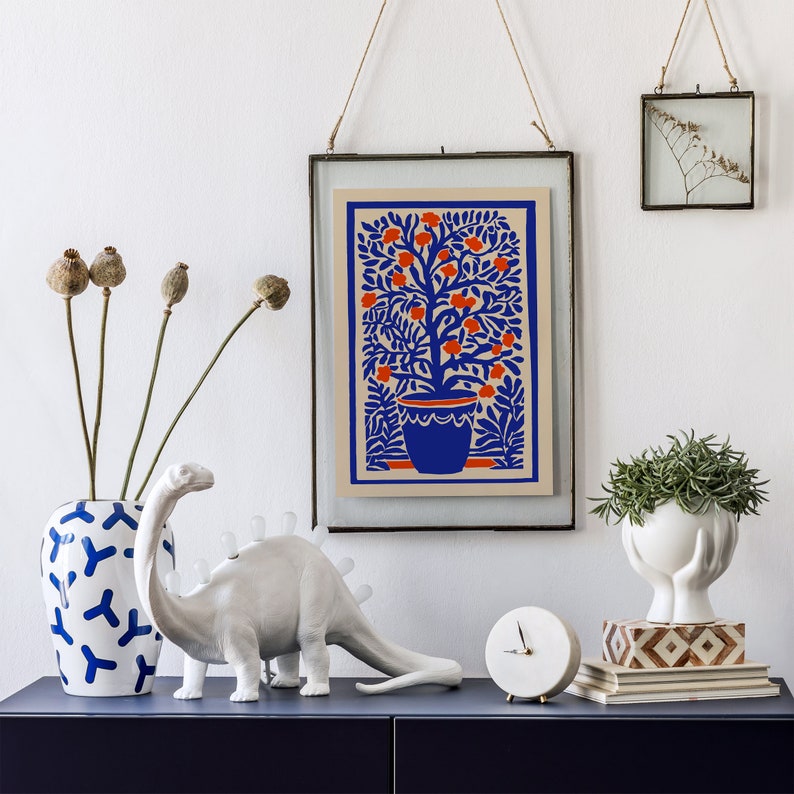 Affiche botanique bleue rétro, art mural vintage, imprimés floraux Indigo Boho, décor de chalet de campagne, imprimé inspiré de Matisse, art abstrait de la nature image 3