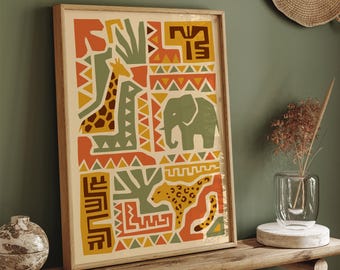 African Safari Animals Poster, Tribal Giraffe Elephant Leopard Wall Art, Earthy Boho Print