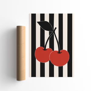 Modern Cherry Wall Art Print, Bold Red Cherries on Black and White Striped Background, Minimalist Fruit Poster, Contemporary Kitchen Decor