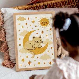 Whimsical Sleeping Cat on Crescent Moon Nursery Poster, Celestial Baby Room Wall Art, Stars, Clouds & Sun, Cute Animal Dreamtime Art Print