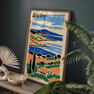 Sicily Coastal Landscape Poster, Vibrant Mediterranean Art Print, Colorful Italian Countryside Wall Art, Scenic Seaside Illustration Print