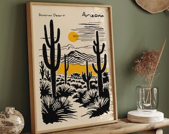 May include: A black and white illustration of a desert landscape with the text "Sonoran Desert" and "Arizona". The illustration features a yellow sun, mountains, and cacti.