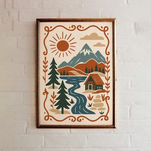 Scandinavian Mountain Cabin Print: Nordic Landscape Art