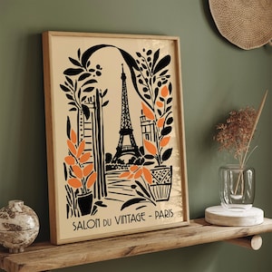 Paris Poster, Eiffel Tower Art Print, Salon du Vintage, Retro French Art, Botanical Parisian Decor , Mid-Century Modern Paris Souvenir Gift