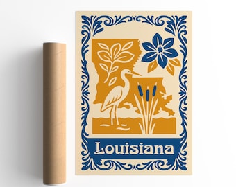 Louisiana Wall Art Poster, Vintage Travel Print with State Map
