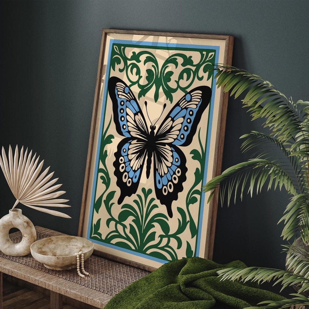 Folk Butterfly in Rococo Botanical Style Poster, Insect Art Print ...