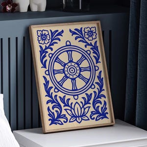 Blue Dharmachakra Poster, Wheel of Dharma Buddhist Wall Art, Spiritual Meditation Decor