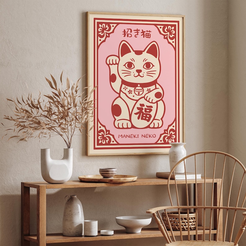 Maneki Neko Lucky Cat Poster | Japanese Fortune Cat Wall Art | Pink Red ...