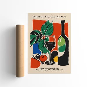 Wine Art Print, Cheers Poster, Vintage Kitchen Wall Decor, Wine Lovers Gift, Mid-Century Modern Bar Wall Art, Retro French Bistro Poster