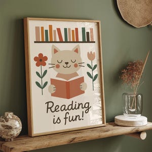Reading is Fun Cat Poster - Nursery Decor, Classroom Reading Corner Art, Animal Lover Gift, Neutral Aesthetic Art Print, Book Lovers Gift
