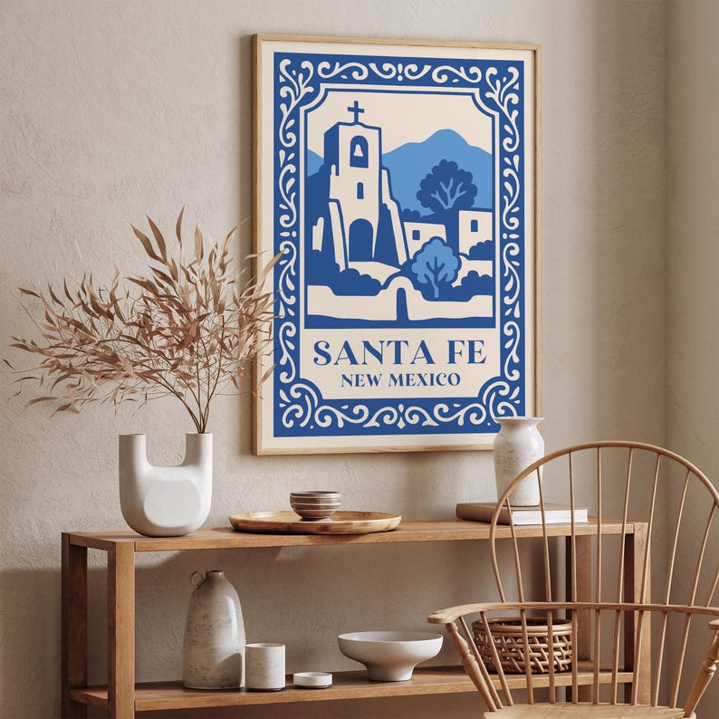 Santa Fe New Mexico Poster, Vintage Southwest Travel Print, Adobe Church Wall Art image 6