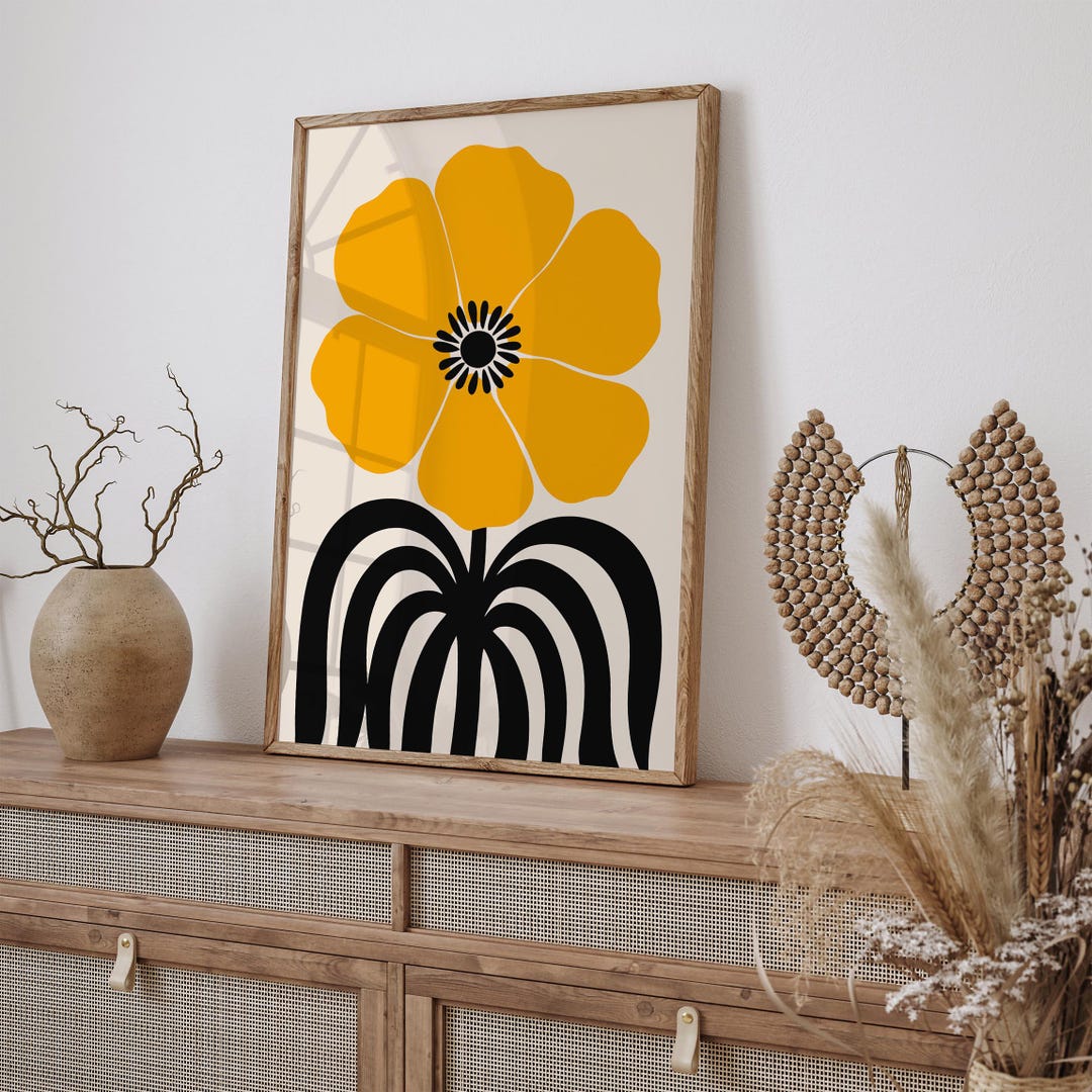 Yellow Floral Art Print: Retro Flower Poster, Mid Century Modern - Etsy